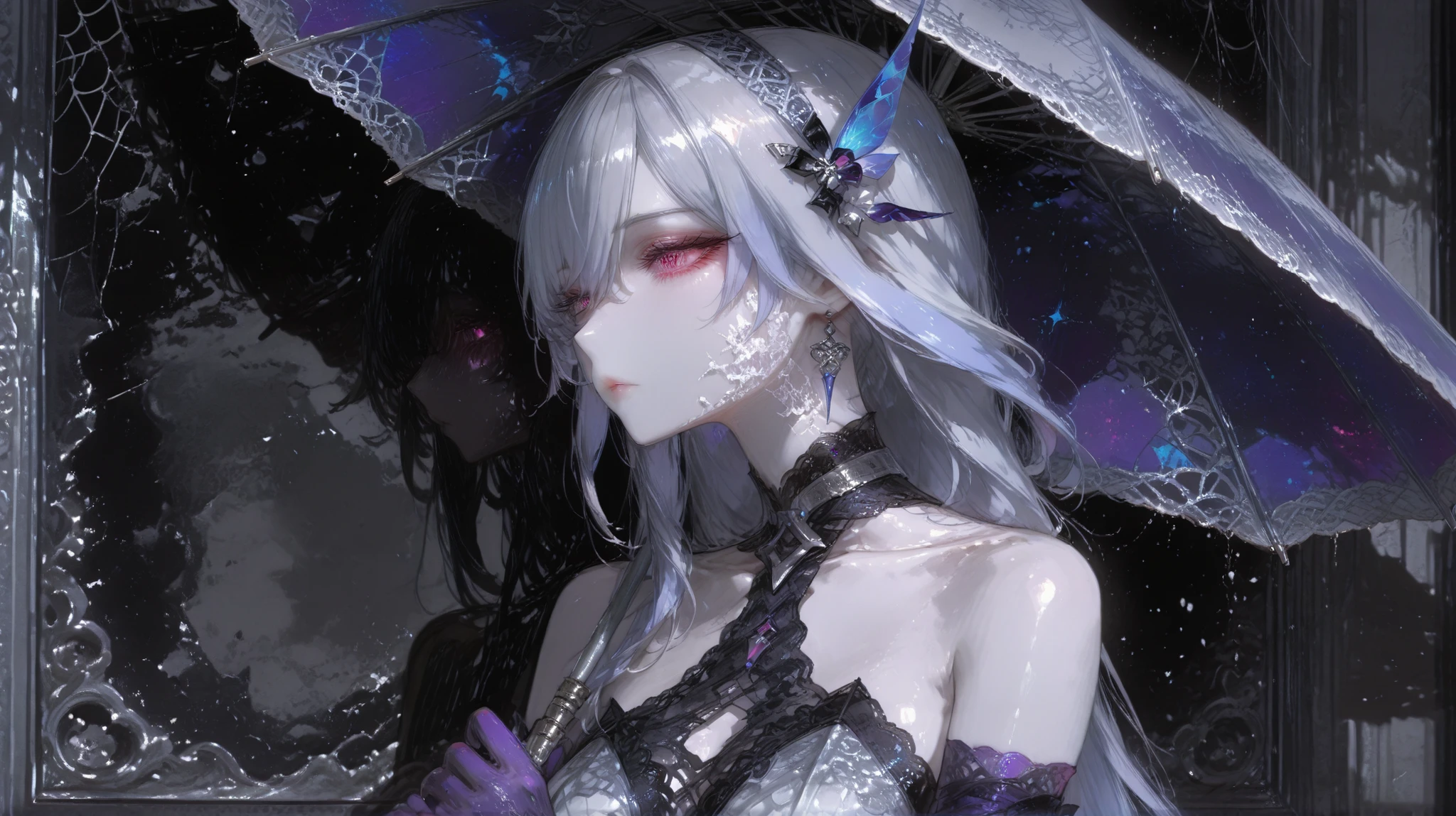 skirk (genshin impact) a  beautiful mature woman with pale skin and grey hair, (ethnicity:1.2), (detailed clothing:1.2), (accessories:1.1), (facial features:1.3), (expression:1.2), (body type:1.1), (pose:1.2), wearing ornate, spider-web-patterned wedding dress with intricate lace detailing (detailed fabric texture:1.2), holding antique umbrella, (detailed lace:1.2), 1girl, solo, unrivaled beauty, collarbone,  hair between eyes, hairband,  posed in three-quarter profile view, looking over her shoulder (slightly toward viewer), with long flowing white hair, (long detailed hair:1.2), detailed facial features, light skin complexion, (detailed skin texture:1.2), upper body, detailed hands holding umbrella, center frame, photorealistic style, fine line art, monochrome style, high detail, dark grayscale colors, (shadows:1.2), (masterpiece, best quality:1.3), (absurdres absolutely resolution), (detailed beautiful face and eyes), (detailed illustration), (super fine illustration), Horror, Detailed Horror Art, rich color, beautiful light, perfect contrast, metallic silver accents, gothic, film grain, mesh, purple gloves , purple thighhighs, gradient thighhighs  layered dress, pink eyes, skindentation , thighs, hair ornament, eyelashes, lips, earrings, slim body, shiny skin, long eyelashes, vivid eyes, cristals, clothing cutout,  crystal eyes, detailed eyes, long eyelashes, beautiful eyes, beautiful face, beautiful hair, 