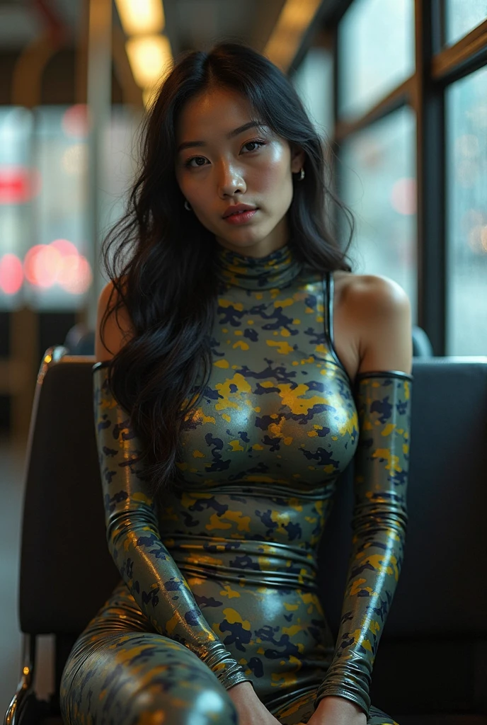 Super Detailed image of gorgeous asian woman, seductive smile, wearing sheer jumpsuit, standing in hall, sexy, perfect make-up, wavy hair, octane render, striking, expressive look, alluring look, determined look, strong eyeliner, mesmerizing eyes, elegant, graceful, natural beauty, magnetic, charismatic, versatile, photogenic, backlit