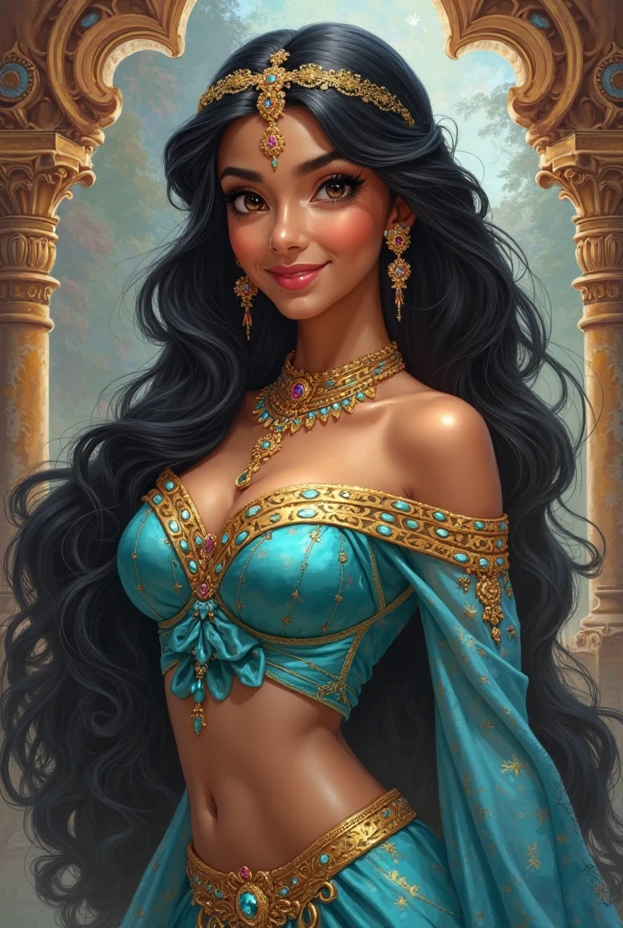 A slender Tamil Indian woman with long, voluminous black hair cascading in loose, curly waves. Her hair is adorned with subtle hints of colorful accents, possibly small flowers or beads, adding a touch of whimsy and elegance. She wears an off-the-shoulder, strapless gown with intricate detailing, and a deeply plunging neckline, featuring rich, vibrant colors like deep blues, purples, and pinks, evoking a sense of fantasy and romance. The fabric appears to have a textured, almost painterly quality, blending seamlessly with the overall aesthetic.

Her attire is complemented by delicate jewelry—a thin necklace with a large, teal gemstone pendant that catches the light, and multiple beaded bracelets adorning her wrists, each bead shimmering with metallic sheen. Her skin glows softly, suggesting a warm, natural radiance, and her expression is gentle yet enigmatic, with a slight smile that conveys both confidence and mystery.

The background is ethereal and dreamlike, painted in soft, impressionistic strokes with muted blues and greens, hinting at a garden or outdoor setting with blurred floral elements. The lighting is diffused, creating a magical, otherworldly atmosphere. The overall style is reminiscent of classical portraiture blended with romantic realism, drawing influences from artists such as John William Waterhouse, Gustave Klimt, and contemporary digital artists known for their lush, detailed portraits.

The image captures a moment of quiet beauty and timeless grace, focusing on the subject's serene presence and the harmonious interplay between her attire and the surrounding environment.
