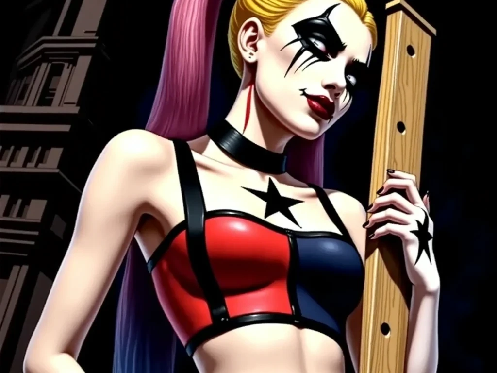 Harley Quinn, completely naked, nude, small breast, tight bust, teen body, vagina, labia, cemetary in background, night sky, full moon, helloween theme, candles in background, cartoon art style 