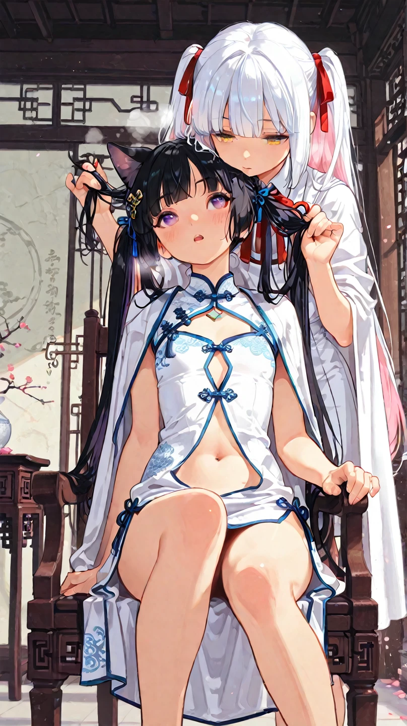 15-year-old girl、（Black Hair、Slightly thin body、Thin limbs、One closed eye、Lowered eyebrows）、Bare chest、bra、kimono（Black or white、Wearing a sash）、Loincloth、Right hand massaging the chest