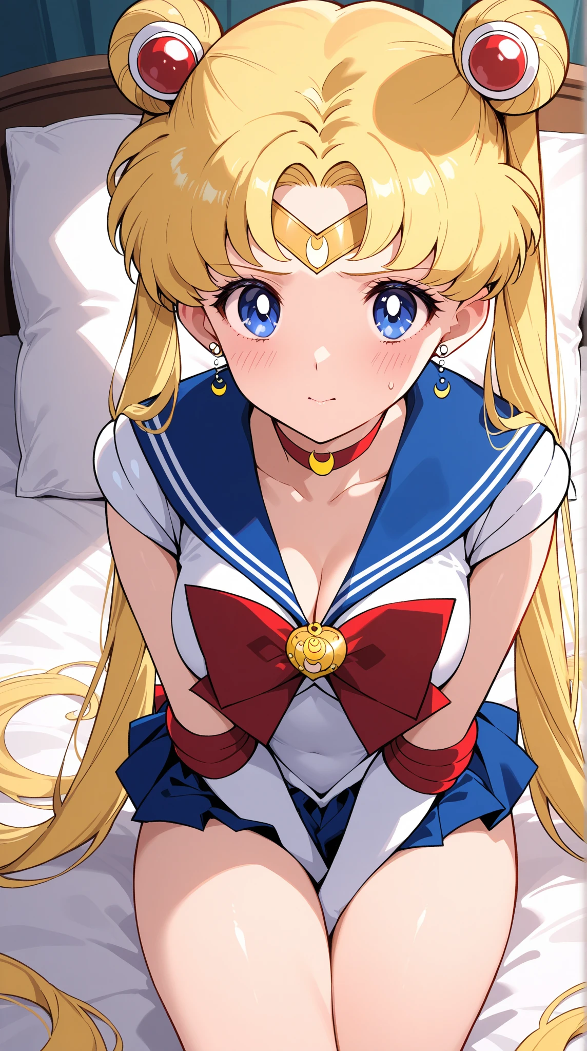 (A superb exquisite Sailor Venus), (Sailor Venus:1.5), (aino minako)、(Sailor Senshi Uniform), (red ribon), blue eyes, Yellow hair, natural straight hair, straight bangs, solo, nature, extremely delicate, straight facial features, peerless beautiful girl, soft, (sensual face), ((ecchi face)), dreamy quality, exaggerated facial features, solid color, frank holly, delicate face, bright lips, slender waist, soft curves, real light and shadow, super fine, 4k, natural moving, Ultra high resolution, (masterpiece:1.2, best quality), (finely detailed beautiful eyes: 1.2), (beautiful detailed face), sexy nude model, sexy pose, (midium chest), (Perfect Body Proportions), (bedroom), Mekosuji, Spread your legs a little and show off your crotch,