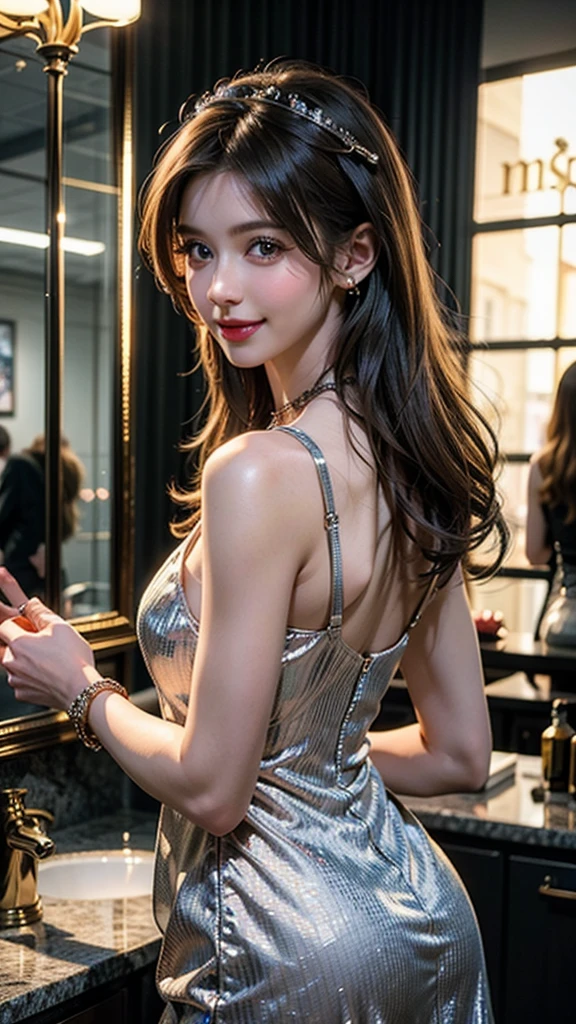 (((Only one girl、Japanese、Skinny athletic model、Flat Chest)))、50 years old、(((Long dress made of shiny satin。Colors include classic black and emerald green.、Deep red is recommended。Bold open back design、The slit makes it even sexier.。)))、The best smile、 A scene where she is enjoying dinner at an elegant restaurant。The light from the chandelier shines on the dress、Beautiful appearance stands out。