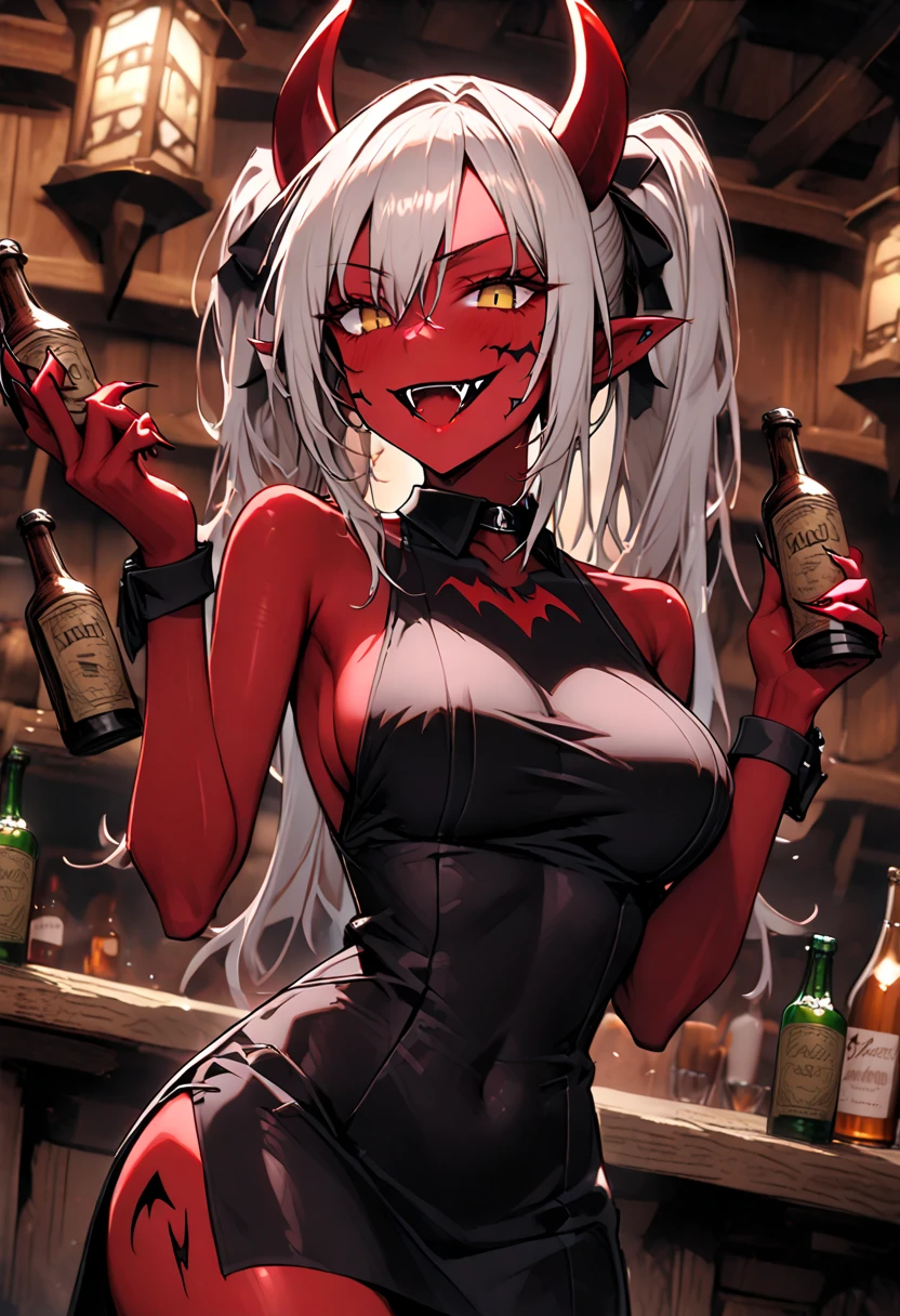 top-quality、Top image quality、in 8K,4K,​masterpiece、(NSFW:1.1)、ultra-detailliert、Beautiful、ultra-quality、cute little、girl with(((18year old、Halloween Costumes:1.5、Wolf Maiden、Bust 78、silber hair、a short bob、Red Eyes、Skin shining with sweat、、erotick:1.4、Happiness、The tattoo)))、Reflecting the whole body:1.4、hiquality、visualart、Background with((Halloween:1.2))、masutepiece
