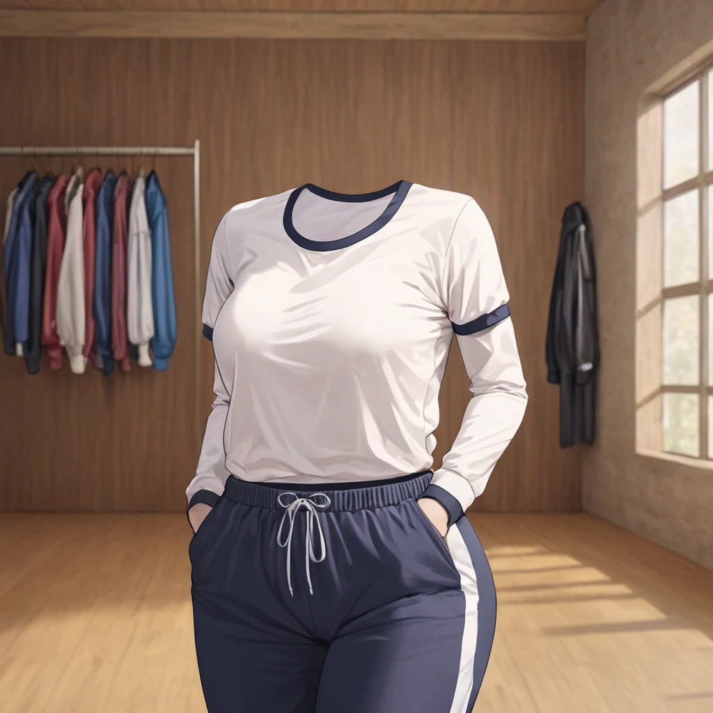 A woman wearing a black sweatshirt with blue details, black sports pants, sports sneakers, wearing a black cold cap, weak blue hair, short hair, blue eyes, smiling, big breasts, walking on a sports court, athletics floor, postured in a foot, winter background, background building, daytime location, (solo woman)
