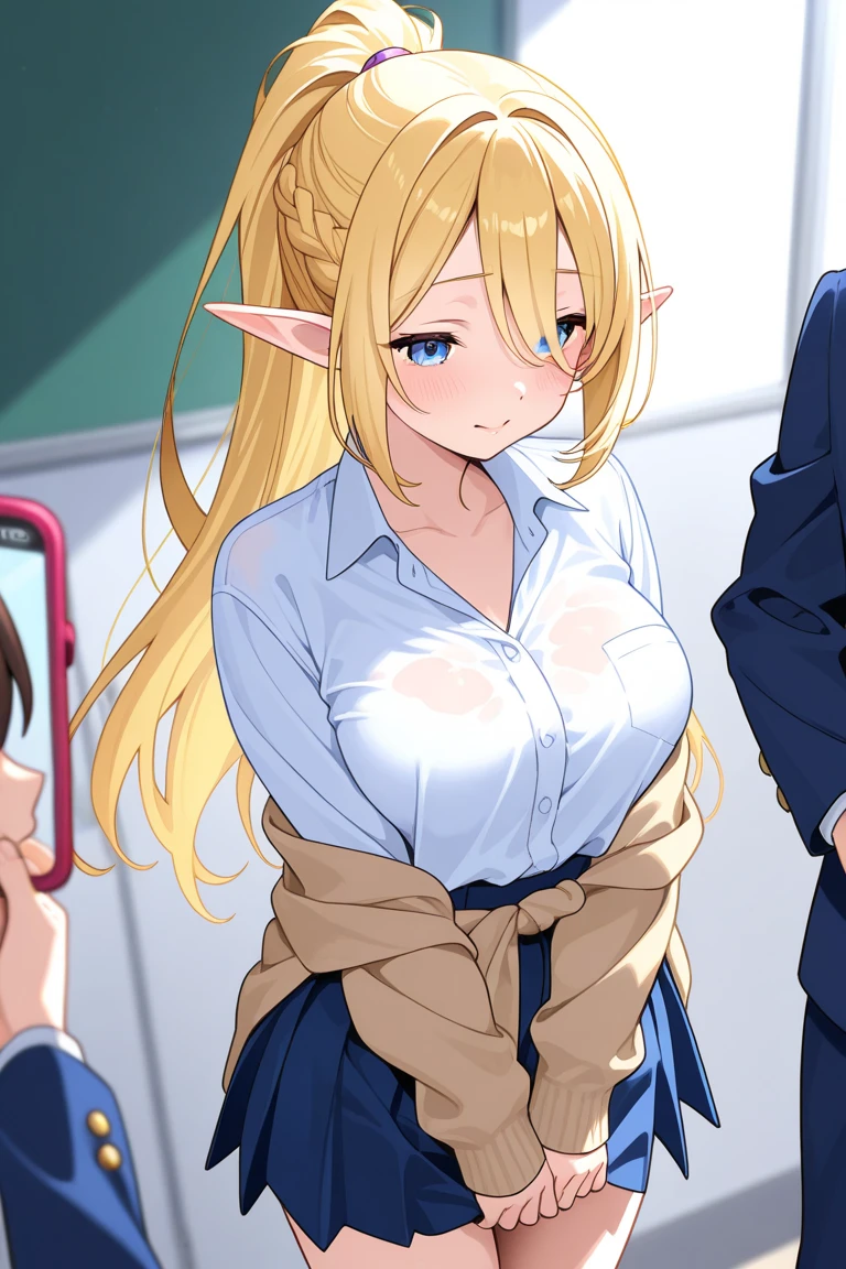 One girl, Blonde, Pointed Ears, blue eyes, Garment Lift, alone, hair ornaments, Hair Clip, Long Hair, Lift up your shirt, Braiding, View your viewers, lips, Lifted it himself, horse, Upper Body, belly button, Day,White shirt,