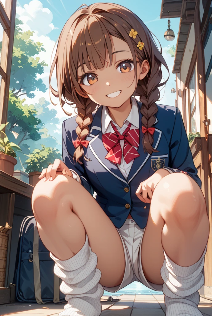 (Highest quality illustrations:1.2), (Kawaii Girl:1.1), (1girl in, 独奏:1.5), (1girl in、sixteen years old、childish、One pose、cute little、Neat and clean image、tiny chest:1.5、ultradetailed eyes:1.2)、taken from the under、low angles、up skirt、tre anatomically correct、pantyshot、White panty(small tits,flat breast:1.1)、((Brown-eyed、Brown hair:1.5))、(shorth hair)、A smile、hair wavy、curlyhair、bangss、low twintails、short twintails、((sexy pose:1.2)), Dynamic Angle, 1girl in, Solo, Cute delicate eyes,School uniform、sit on stairs, (Black socks:1.4),Dark blue blazer、white shirt、Blue Ribbon、pleatedskirt、 Brown loafers, plein air, Colored leaves、Autumn sunny、rays of sunshine,8K,