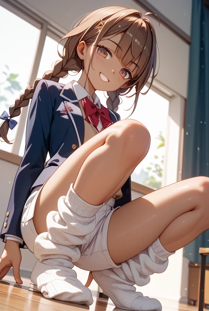 Minami Kotori、Minami Kotori、Brown Hair、(Degree of brown eyes:1.5)、One side up、ヘアribbon、ribbon、length、Rip off your blazer、Blue Skirt、Jacket、Otonokizaka uniform、Pleated skirt、、Winter clothes、Looking for viewers during break、Indoor break、classroom、break (masterpiece:1.2)、Highest quality、High resolution、Unity 8K Wall 、(Awareness-raising:0.8)、(Beautiful and fine details:1.6)、Highly detailed face、Perfect lighting、Extremely detailed CG、 (Perfect hands、Perfect Anatomy)、Look at the viewers、blush、Laughter、(White panties:1.3)、(Full-fledged panties:1.5)、School, Sit with your knees bent、eight-headed body、Beautiful feet 、On campus、As if looking up from below、(Put your knees on your chest),