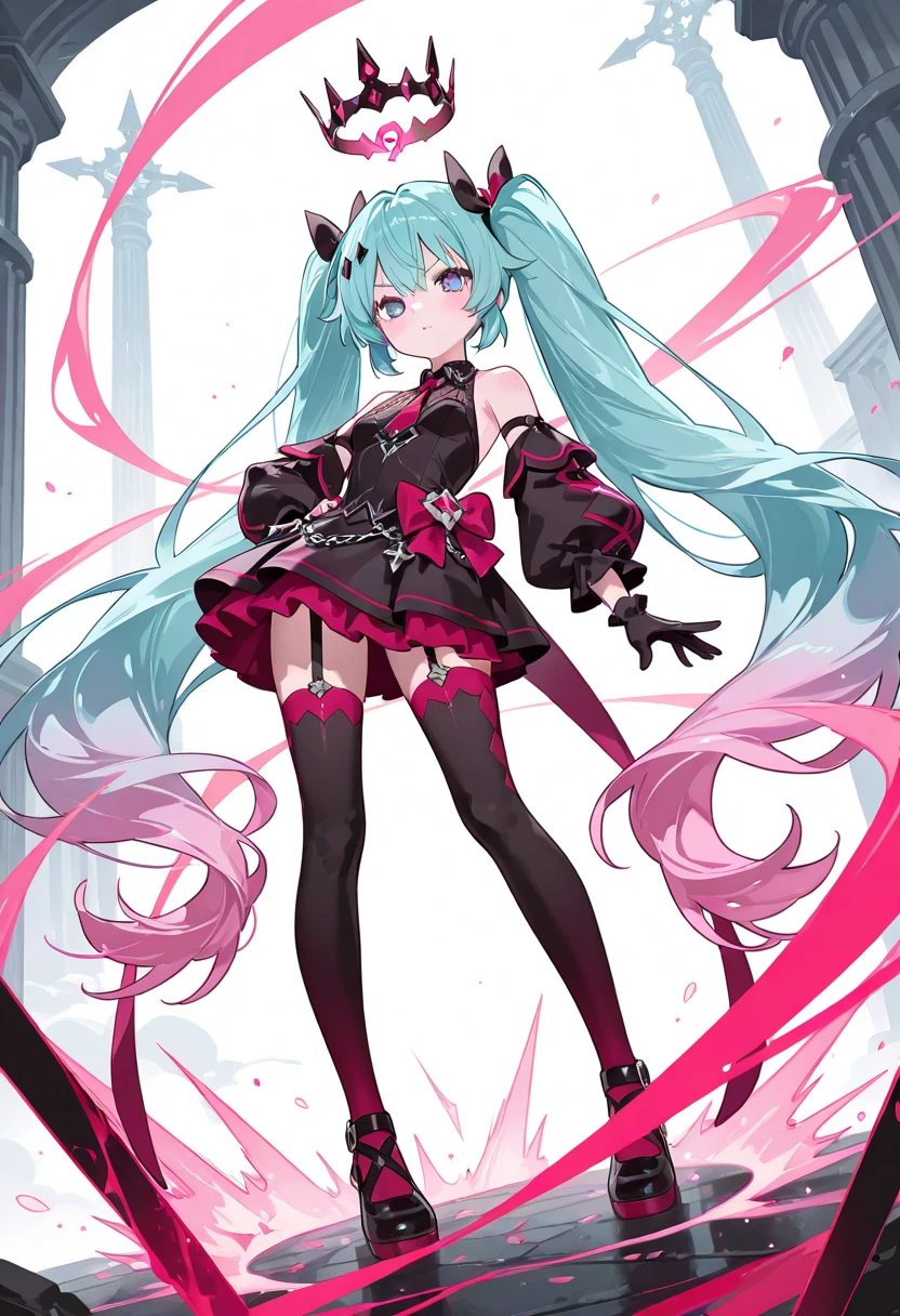 masterpiece, high quality, (concept art, official art,full body)(three sided view:1.3), ((character design sheet, same character, front, side, back)), virtual youtuber, girl, deep pink hair, voluminous wavy twin-tails, blunt bangs, straight bangs, side hair is light blue Streaked hair, magenta slanted eyes, fangs, thick eyebrows, black nails, huge breasts, black dress, bare shoulders, ((lots of piercings)), black long fingerless gloves, GothGal, (fishnet stockings, gothic print:1.25) girl in a black and white outfit, girl wearing a GothGal outfit, large boots, high heel, girl wearing a black leather garterbelt and (multiple leather straps, multiple iron chains attached to rings:1.125), ((devil wings and devil tail)), simple background