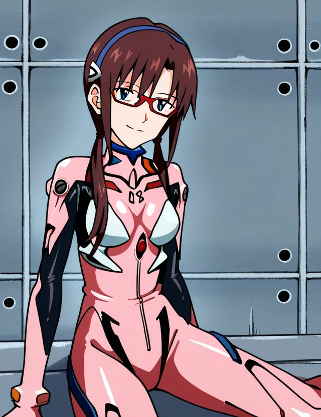 1girl,makinami mari illustrious,pink bodysuit,plugsuit,solo,glasses,bodysuit,blue eyes,long hair,brown hair,twintails,hairband,smile,upper body,traditional media,<lora:Sadamoto Yoshiyuki_XL_V3:0.8>,
