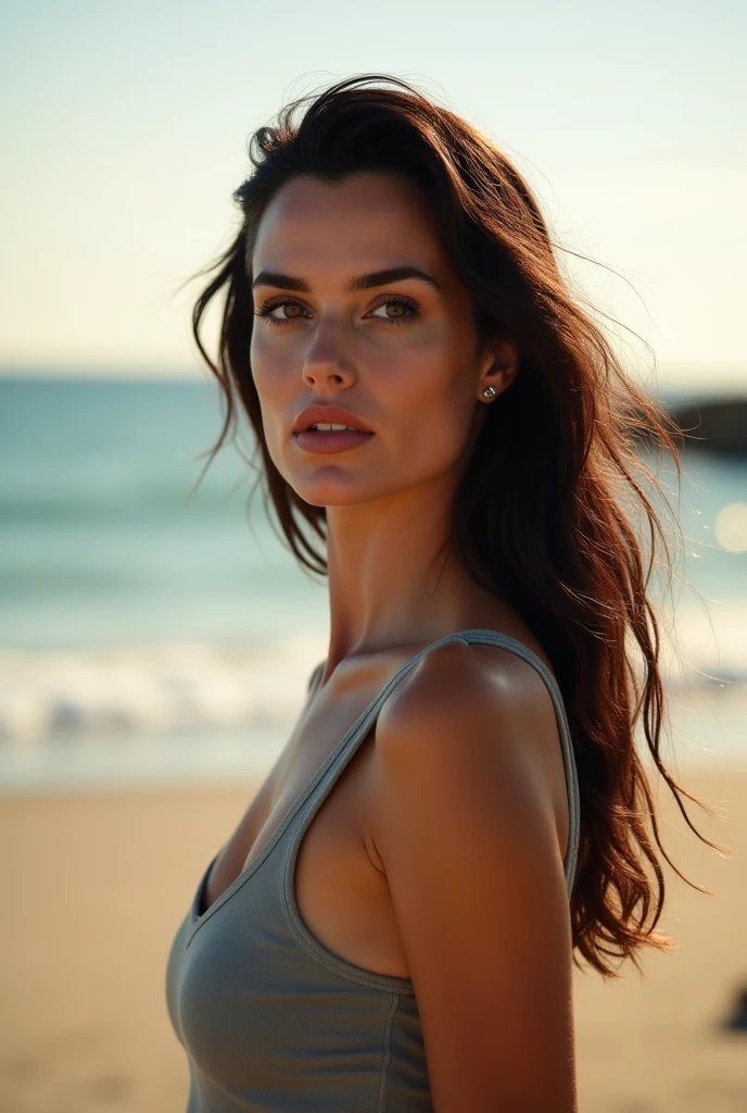 Liv Tyler in a tight bikini, Elfe sexy, Portrait Sophie Mudd, cheveux bruns et grands yeux, selfie of a young woman, Yeux de plage, pas de maquillage, maquillage naturel, looking straight at camera, Visage avec Artgram, maquillage fin, Superbe plan complet, kneeling on the beach