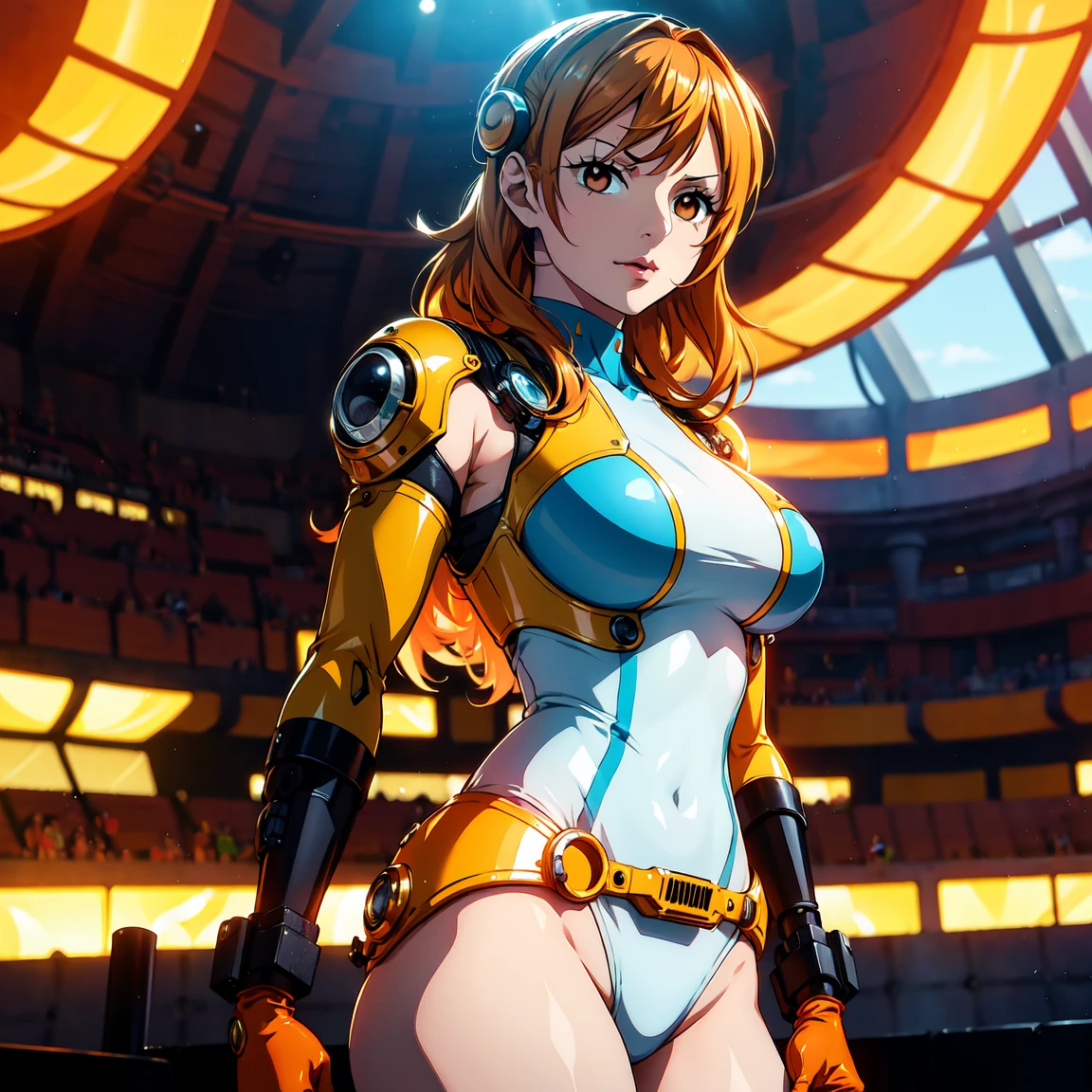 Masterpiece, (Photorealistic: 1.4), Top Quality, Beautiful Lighting, (ulzzang-6500:0.5), (Red Hair) + (Long Braided Hair) + (Bangs), Yellow Eyes, Golden Eyes, (Gundam Robot Suit), (), Cleavage Exposure, Big, RAW Photos, 8k UHD, Film Grain