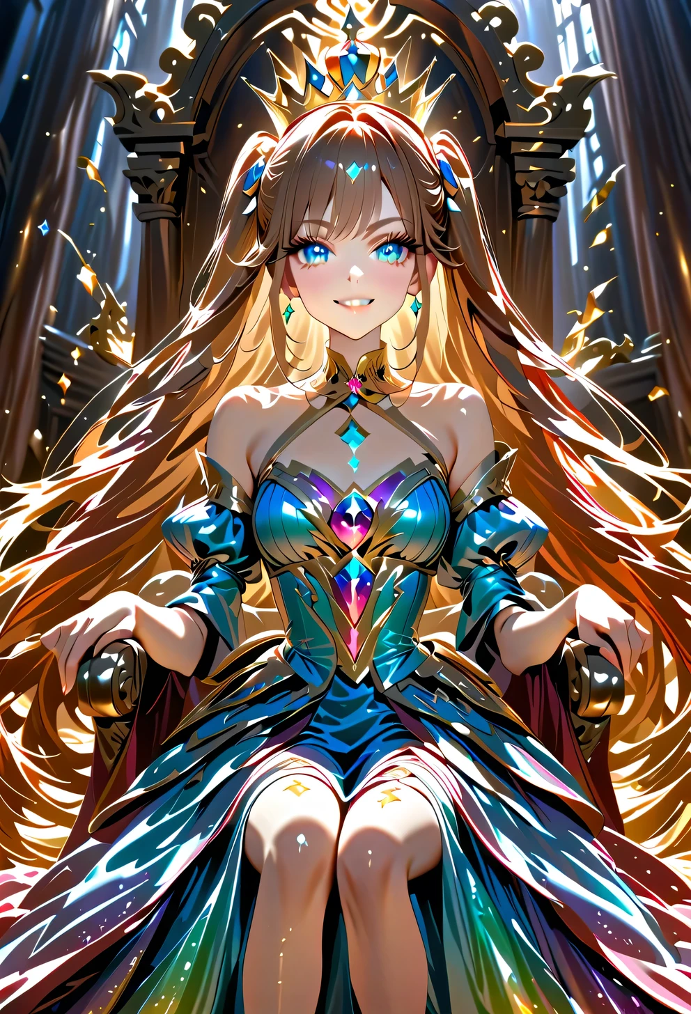 Twin Tail Empire 　Idiot Princess　crown　long dress　Gems Precious Metals　Glitter Effects　Smile Yan　Seated on the throne、colorful