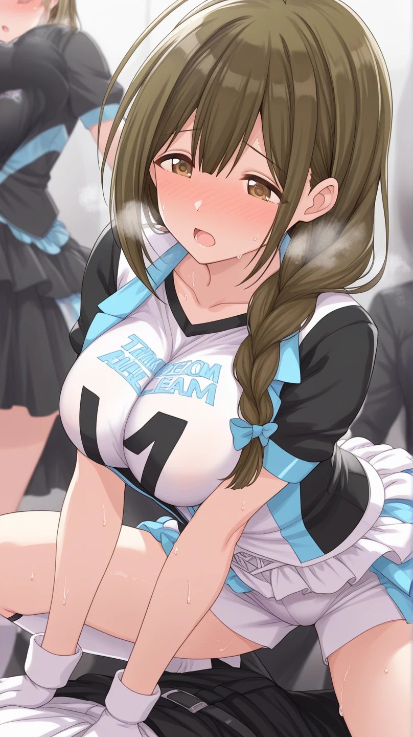 (nsfw),masterpiece,ultra detailed,sharp focus,high resolution,(peace sign,v sign with both hands:1.5),(aroused and blushed:1.5),bukkake,curvy female,(face focus),off-the -shoulder( sweatert and short skirt,brown wavy hair,tongue,(sweaty:1.2),at morning,public park,outdoor,in front of public bathroom,grinning,cum on face,(trembling,flying heart-shapes),(squatting and spreading legs),pubic hair,open mouth