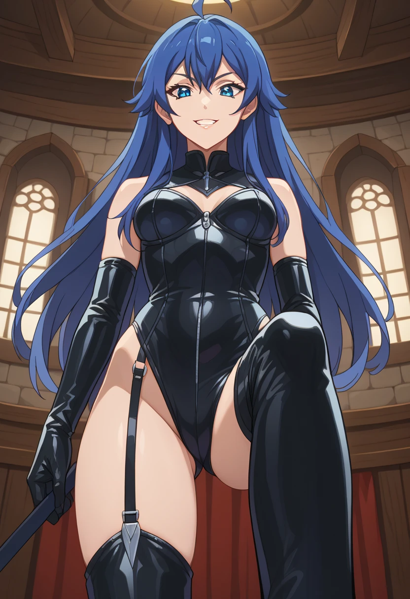 work of art, 8K, style of art by shaman240, very highly detailed face, detailed clothing, detailed fabric, rls, ( Katarina sworn death (league of legends 1.1)) beautiful  face, asymmetrical long hair, hair light blue, exposed belly button, black thigh high boots, very detailed blue eyes, leather mini skirt, cute smile, posing in front of the camera, gazing at viewer, crouched on the floor with legs spread, giorno, full - view,
