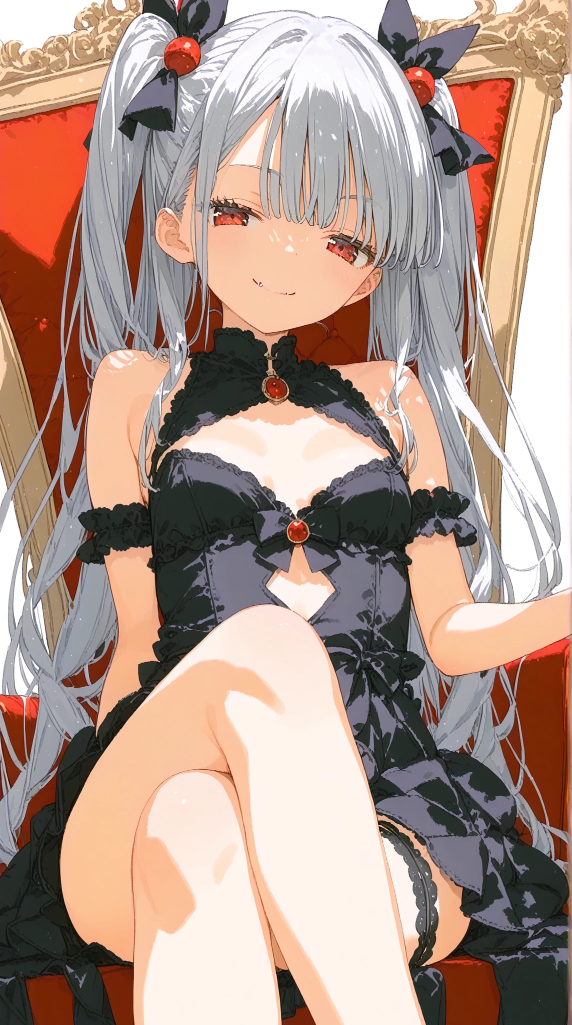 Masterpiece, Best Quality, extremly detailed, Cinematic lighting, intricate detials, hight resolution, official arts, finely detailed beautiful face and eyes, high-resolution illustration, 8K, dark intense shadows, 1girl, skinny, small breast, medium short fluffy hair, white hair, (red streaks hair), red eyes, white underwear, red small bow on bra, red small bow on panties