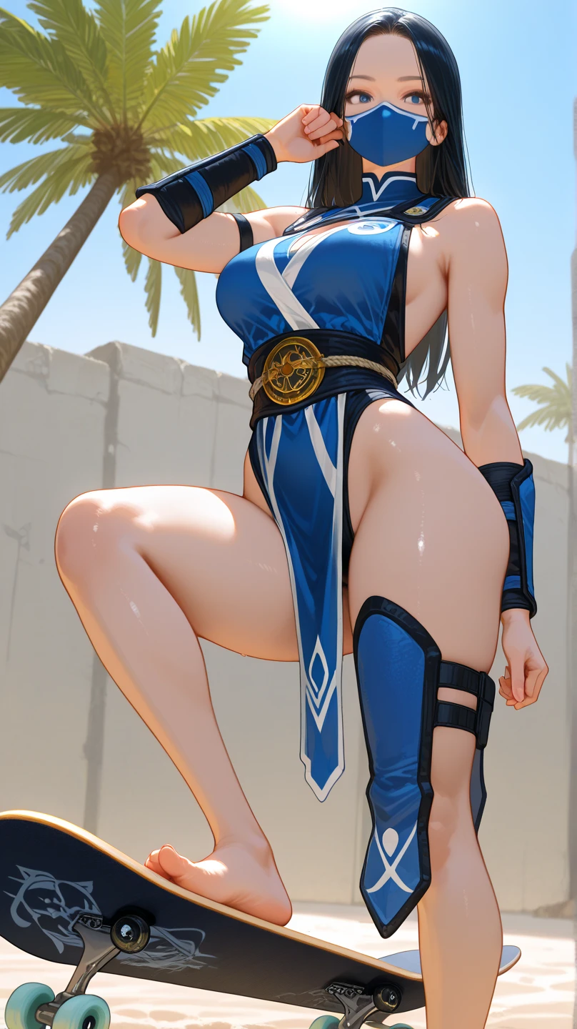 masterpiece, best quality, beautiful art, high resolution, well formed hands, body and fingers, 1 woman, solo, Xiangling, adult, grown up ,big breasted, cleavage, full body, black stockings, sleeveless, leotard peeking, pelvic curtain, sexy Japanese clothes, maid, hair ornament, gorgeous legs and thighs, she is fighting in a combat match at a martial arts tournament, she is getting ready to fight, making her guard pose, action and fighting scene, about to hit the viewer, looking at the viewer, sweating , feeling confident and proud, smiling joyfully and happily, charming her opponent with her beauty, bouncing breasts, fighting scene, martial arts tournament on the beach