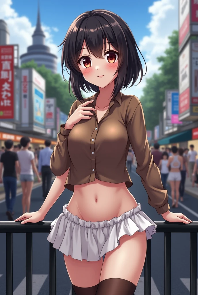 a woman, (realistic), (hyperrealism), (photorealistic), depth of field, eye makeup:0.5, (upper body:1.2), (narrow waist:0.7), looking at the viewer, casual outfit, at the city streets, topless
