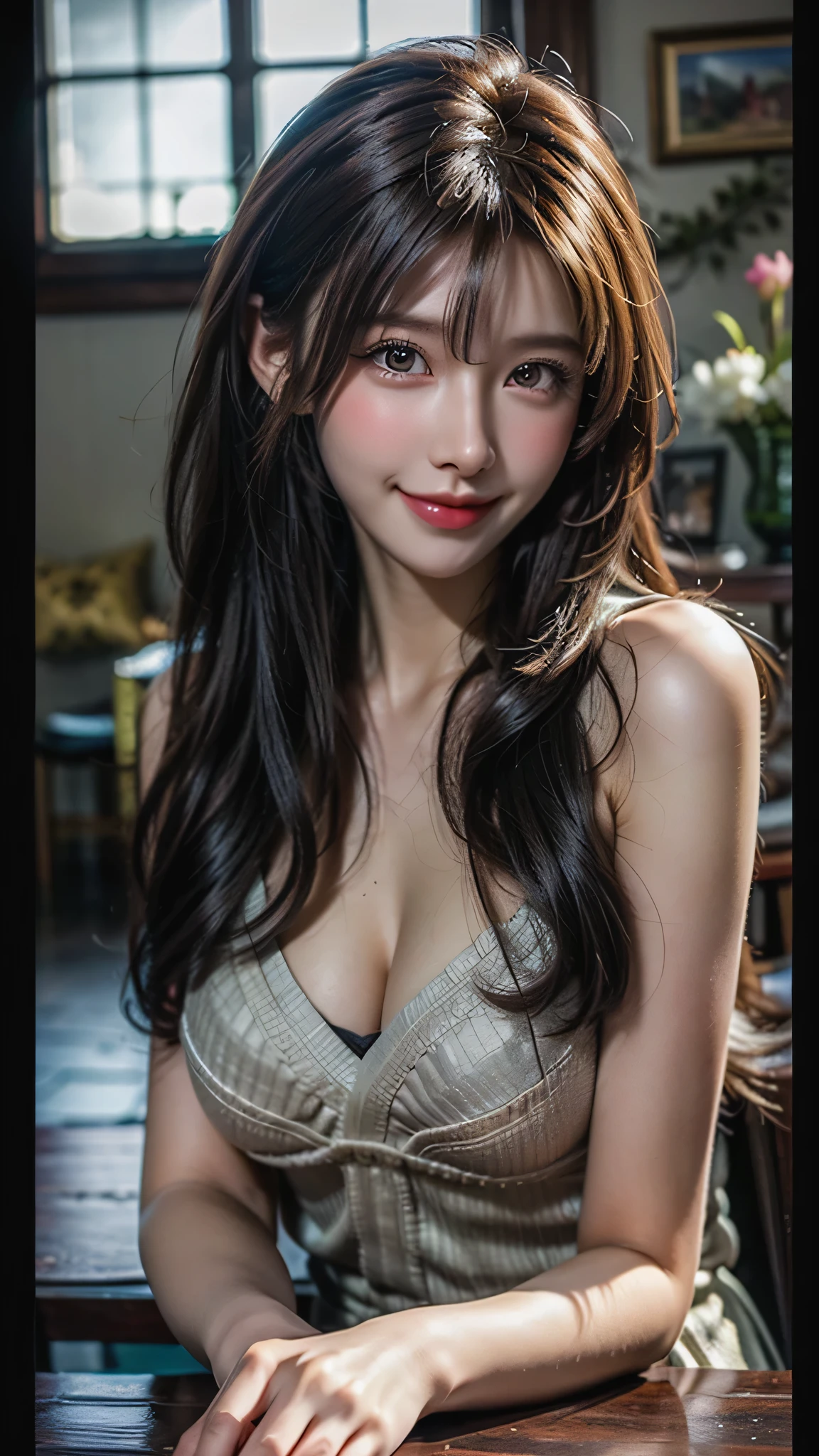 33 year old cute woman､Photos taken by a professional photographer，light brown delicate hair，Medium hair with wavy tips，Fancy makeup with brown eyeshadow，Black dress，round silver necklace，Medium breasts and cleavage，Looking away，Black High Heels，