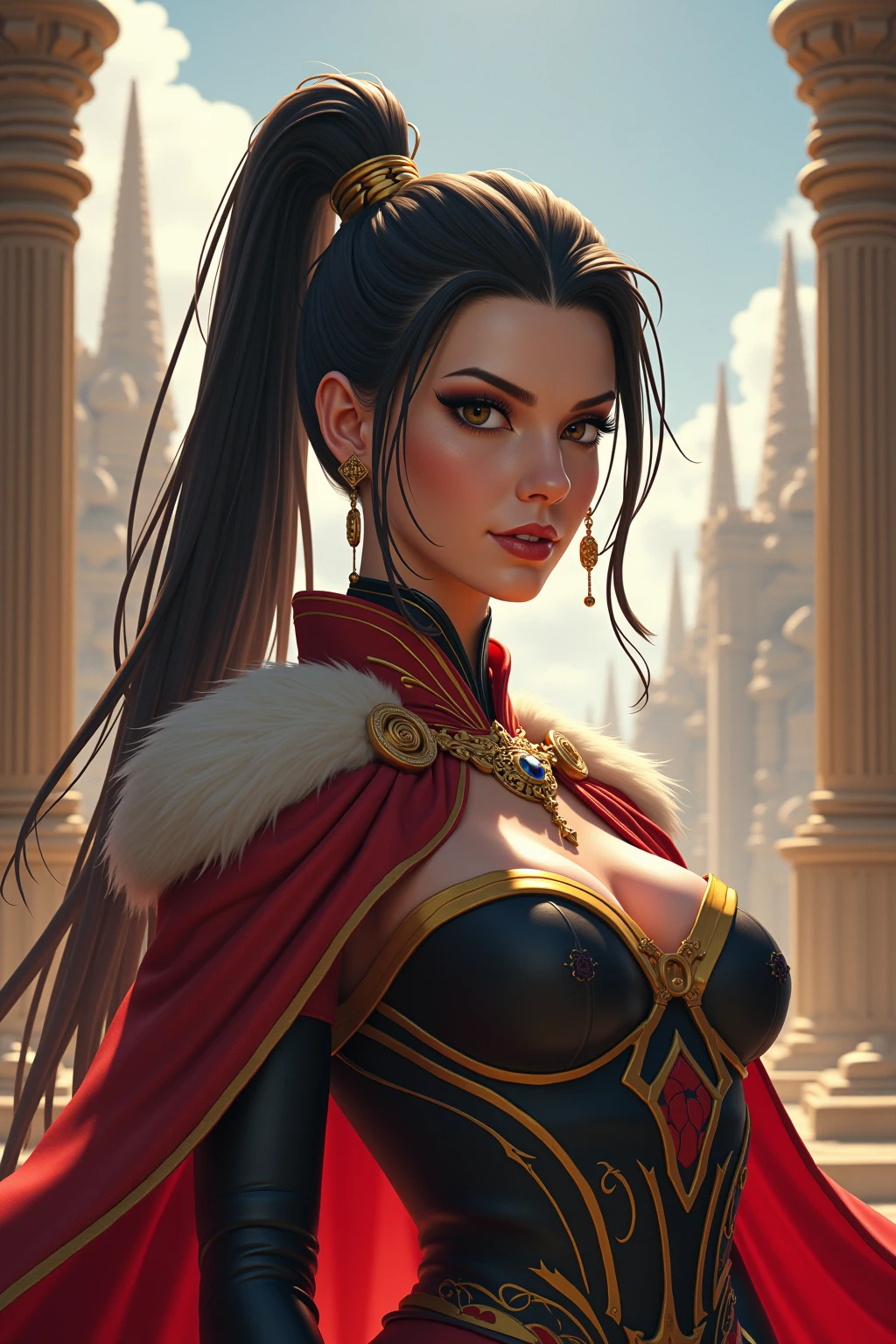 a beautiful 20 year old woman with long black wavy hair, wearing a red outfit, medieval adventurer, medieval heroine, in a medieval castle, detailed pants, best quality, 4k, 8k, highres, masterpiece:1.2, ultra-detailed, realistic, photorealistic, photo-realistic:1.37, HDR, UHD, studio lighting, ultra-fine painting, sharp focus, physically-based rendering, extreme detail description, professional, vibrant colors, bokeh, portraits, concept artists