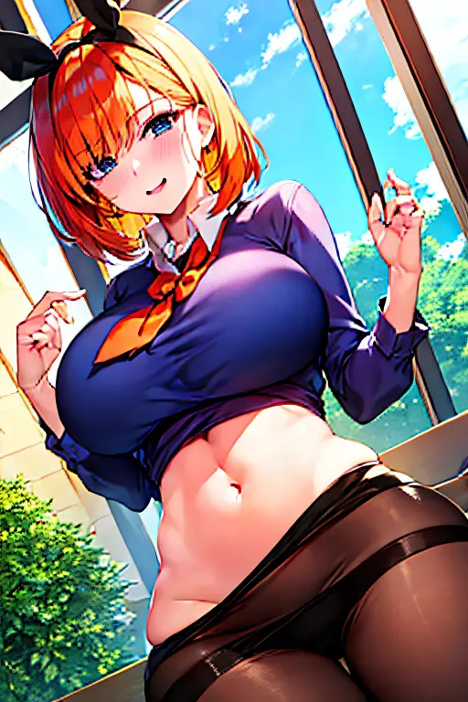 1 girl, solo, anatomically correct, short orange hair, messy hair, curly hair, short hair, very messy curly hair, glasses, blue eyes, naughty expression, seductive, smiling, topless, naked boobs, large boobs, leaning towards the viewer, showcasing her boobs, short black skirt, tight mini skirt, front view, directly front view, facing the viewer, leaning towards the viewer, bending over towards the viewer, clear view of her boobs, 8k, best quality