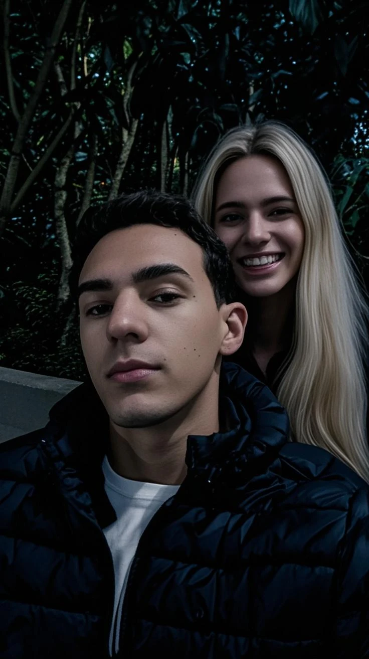 There's a man and a woman next to a bench, against the backdrop of trees, com um parque ao fundo, trees in the background, Directed by: Nandor Soldier, em jardins de maconha, with a tree in the background, Parque em segundo plano, In Sao Paulo, with a tall tree, standing in a botanical garden, tree in the background