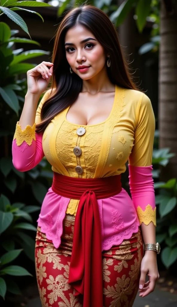 Balinese woman, sexy body, curvy body, very big breasts, cleavage, big hip, ((kebaya bali, balinese kebaya, kebaya outfit)), smiling, beautiful face, detailed face, very detailed, beautiful eyes, full body, full body shot, high quality, detailed background, high resolution, 8k resolution, ultra high detail, beatiful skin, perfect body, perfect anatomy,