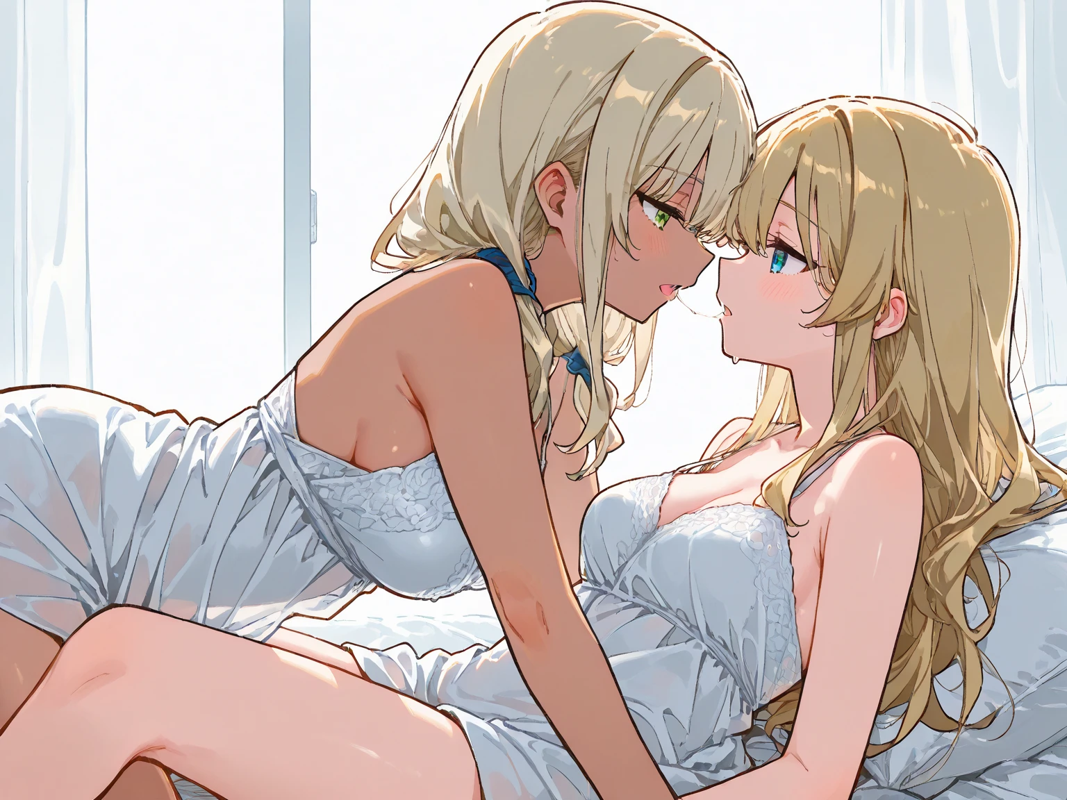 ((masterpiece)), (Highest quality), (Simple style), blonde, long hair, golden eyes, cleavage, bare shoulders, underwear, see-through, love juice, legs spread, sitting on man, two girls, masturbation, small breasts, kissing