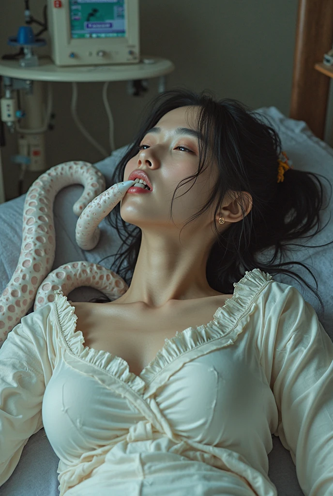 ((A very beautiful nurse takes off her clothes on the bed)). (wearing a white transparent nurse's uniform: 1.5). 40k, photo, masterpiece, top quality, cute, (short hair). Beautiful Japan woman with soft breasts and white skin, various poses. ((Big: 1.2)), ((Has very soft breasts, lies down and opens the crotch wide, is restrained)), ultra-detailed face, detailed eyes, Sharp pupils, light brown hair, (Beautiful well-groomed blonde short bob:1.4), hair without bangs, (8K, Best Quality, Masterpiece: 1.2), (Realistic, Photorealistic: 1.2), Close up portrait of woman lying on bed, Top angle overlooking the bed, Shirt, Skirt, Spread your legs, {{Ejaculation on face}},_in_mouth,_on_hair, Ejaculation on chest, Whole body,(((Thick white liquid on face))),(Thick white liquid on the body) , ((body is wet)), ((wet thighs)), (((thick white liquid dripping from the body)))), (((thick white liquid on the chest)))), Lying down, Mouth drenched with drool, mouth wide open, ((looking pained)), (sweating profusely), screaming, (((POV:1.7))), cheeks uplifted, sweat, half-open eyes, ((((half-open mouth, Sticking out a little tongue)))), Very pretty girl moaning intensely, lying on back on bed, Solo, yawning, arms up behind head, Hands tied behind the back, armpits, stomach raised, wrinkles between the eyebrows, thighs, hips floating, sleeping in bed, expression of distress, tied with a rope, Cat's ears, Chained collar, Shackles, Slaves, (Heavy Chains), (Girl with tentacles in her mouth: 1.3), sheer pubic hair, (no bra), ((tre anatomically correct)), perfect anatomy.
