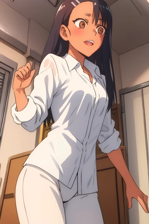 Best Quality, masutepiece, hight resolution, Solo, {Ashisu_Sahoto_Mangaka Santo Assistant Santo:1.15}, Dress correctly、correct hand、long_hair, Black_hair, brown_Eyes, 1girl in, brown_hair, Anime Costumes、 Anime_Coloring, Outdoors, Smile, Panty Pose, (Fully exposed panties:1.5)