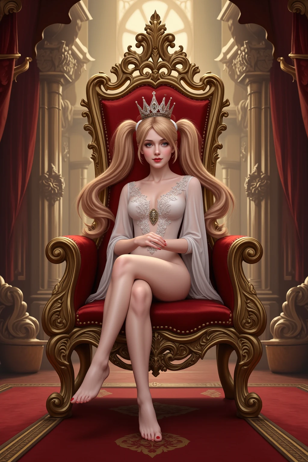 queen, sitting on throne, beautiful, navel, abs, royalty, anime, high definition, gigantic breasts, huge breasts, happy, smiling, gorgeous, photo realistic style, thick thighs, hot, sexy, blonde, nude