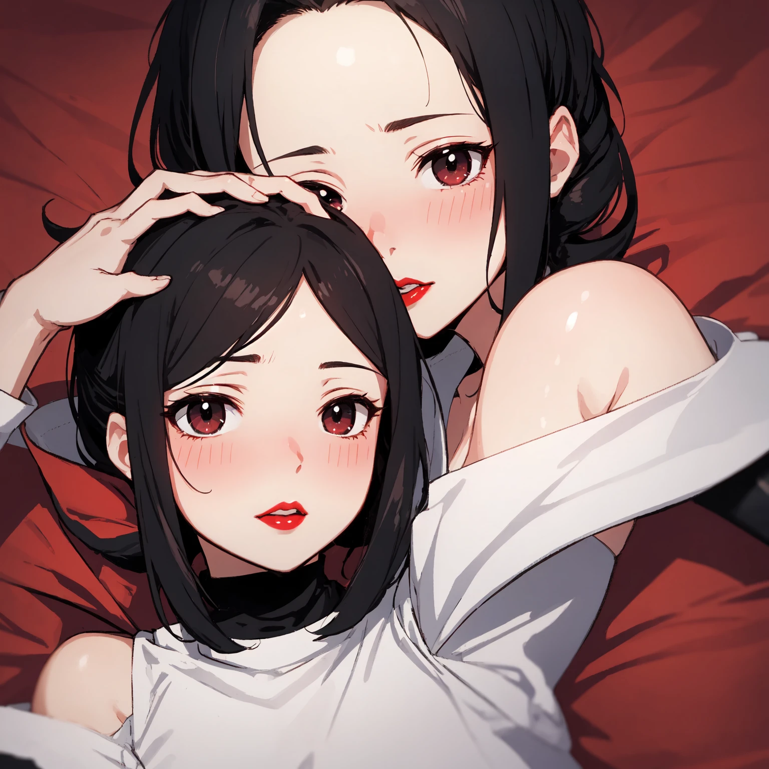 ((Highest quality, 8k,masterpiece)), One person, whole body, sexy, Mature Woman, Black Hair, Red eyes, Curly Hair, Large Breasts, Lying on your back, I like you, bed, White skin, Alluring, Red lips, Pink pale light, Top-down view,