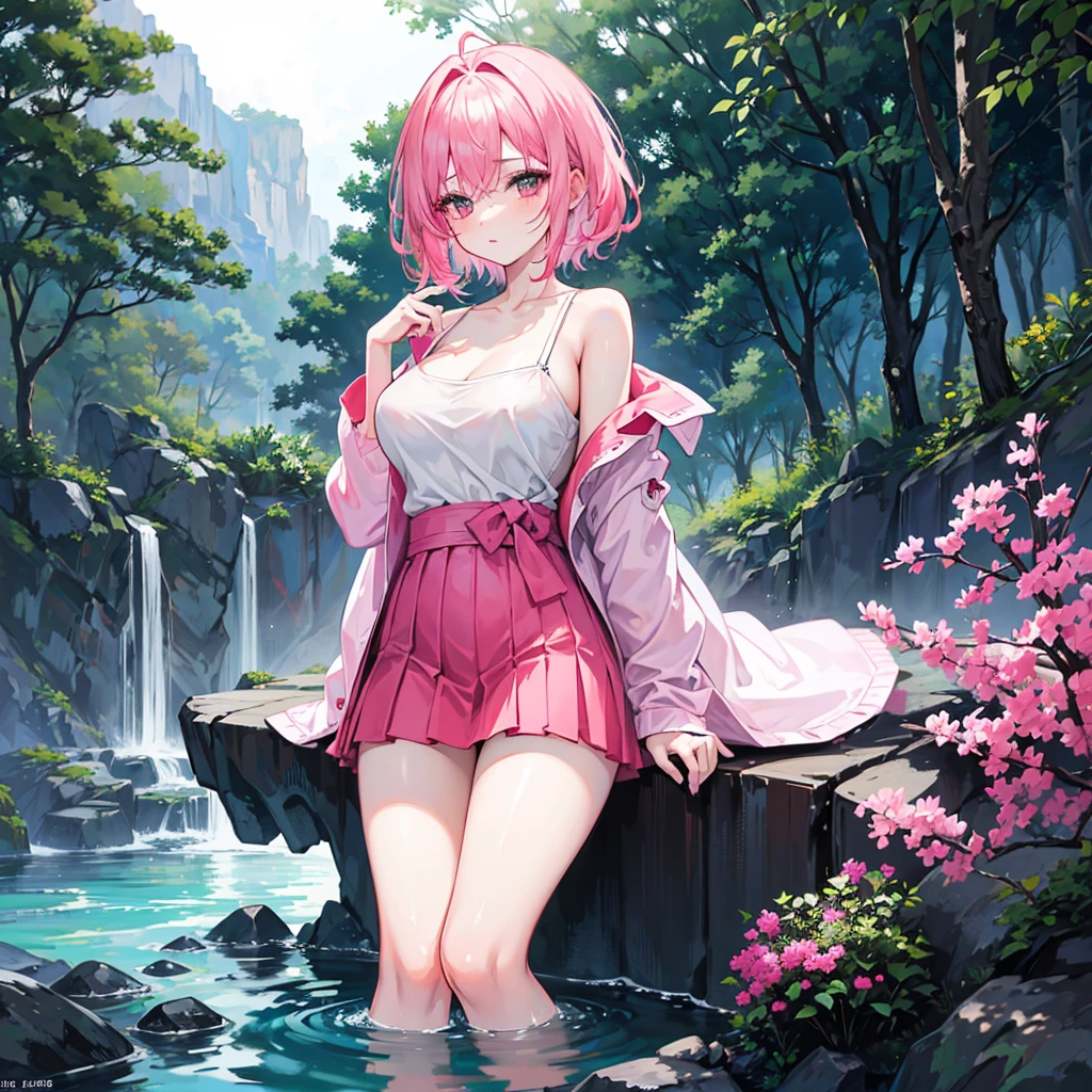Ultra high quality，4K，extremy detailed，((an Quority))Sit on the edge of the hot spring((Pink hair))((Pink hair))((Pink hair))((Pink hair))((Short shoulder-length hair))of maidens，Pink eyes，((((green color)))((green color，green color，green color))swim skirt，dressed in((Pink big breasts))'s((Harnes))tight top，the night，the night，Hot springs at night，(((dimly lit)))environment，(((Contre-Jour)))，Warm tones of light，Homely atmosphere，Cinematic lighting