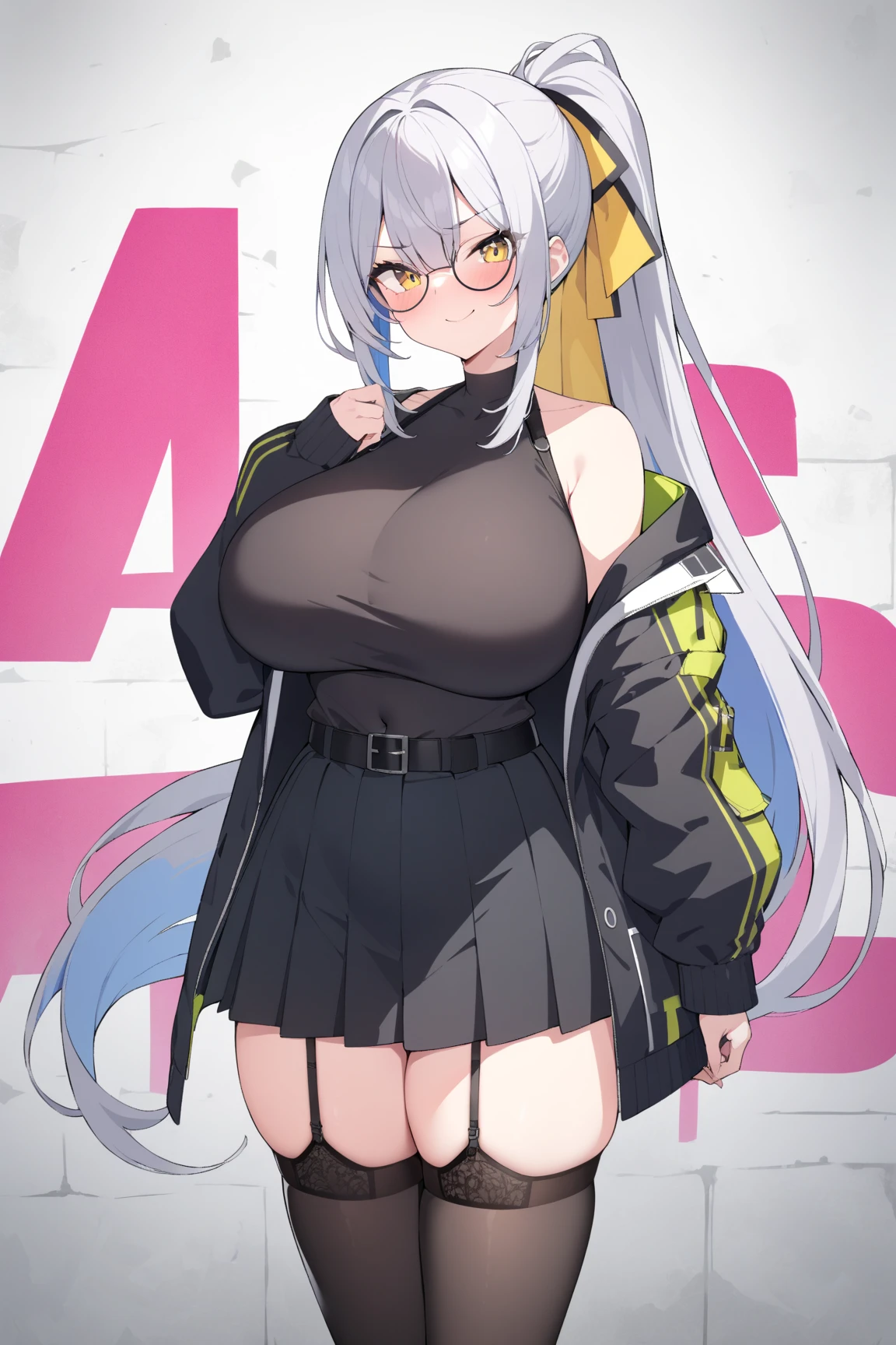masterpiece, Highest quality, High resolution, chromatic aberration, Light purple eyes, Wide Hips, Thick thighs, Sleeveless, abdomen, Light brown hair, Cleavage, Long Hair, Twin tails, Asymmetrical bangs, Striped Hair, Tank top, Black knee socks, Micro Skirt, Seductive pose, Check skirt, ribbon, Huge breasts, bow tie, indoor, Cowboy Shot, garter belt, Realistic, Thick lips, View your audience, Thick thighs, jirai kei, Headphones, (Succubus Horns), necklace, ear piercing, Dark Background