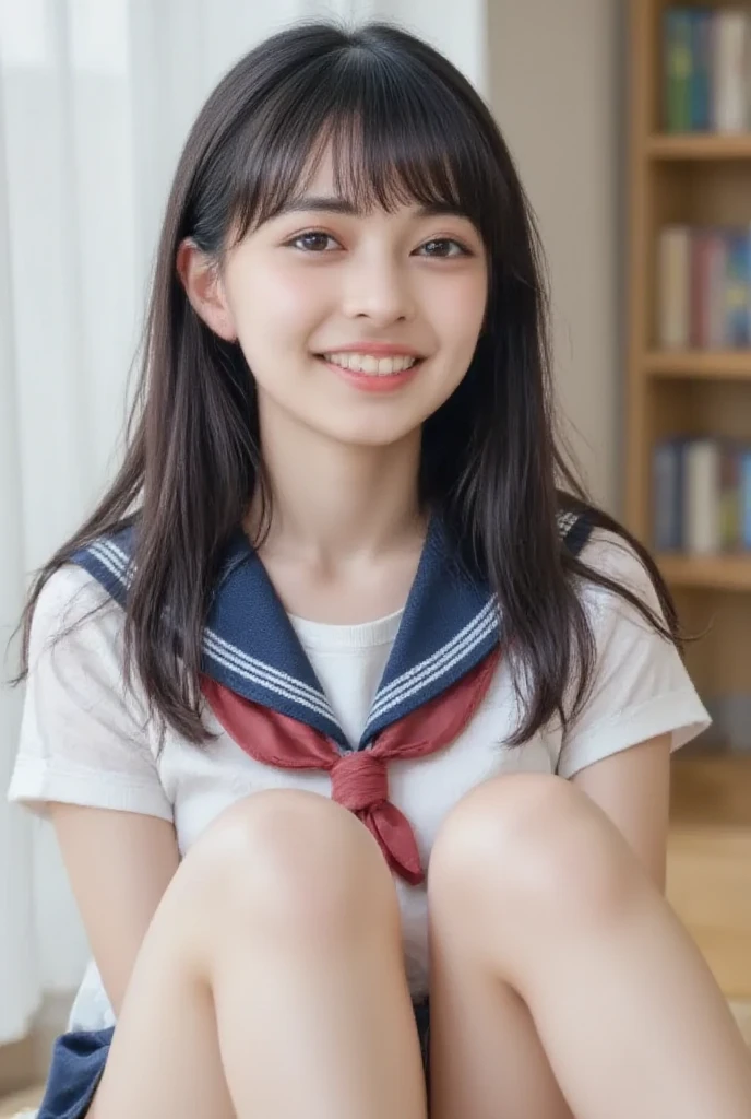 table top, highest quality, 8k, 15 years old, teen, RAW photo, absurd, award-winning portraits, smile, alone, idol face, delicate girl, whole body, Digital single-lens reflex camera, looking at the viewer, Frank, Sophisticated,thin arms, professional lighting, film grain, chromatic aberration, (Eye and face details:1.0), (Bokeh:1.1) , (OL uniform:1.1) , close your mouth , black haired , drooling eyes , big size breasts ,(red lips , thick lips:1.1) , white skin , 15 years oldの顔, sailor suit:1.3, navy pleated skirt, squatting down
