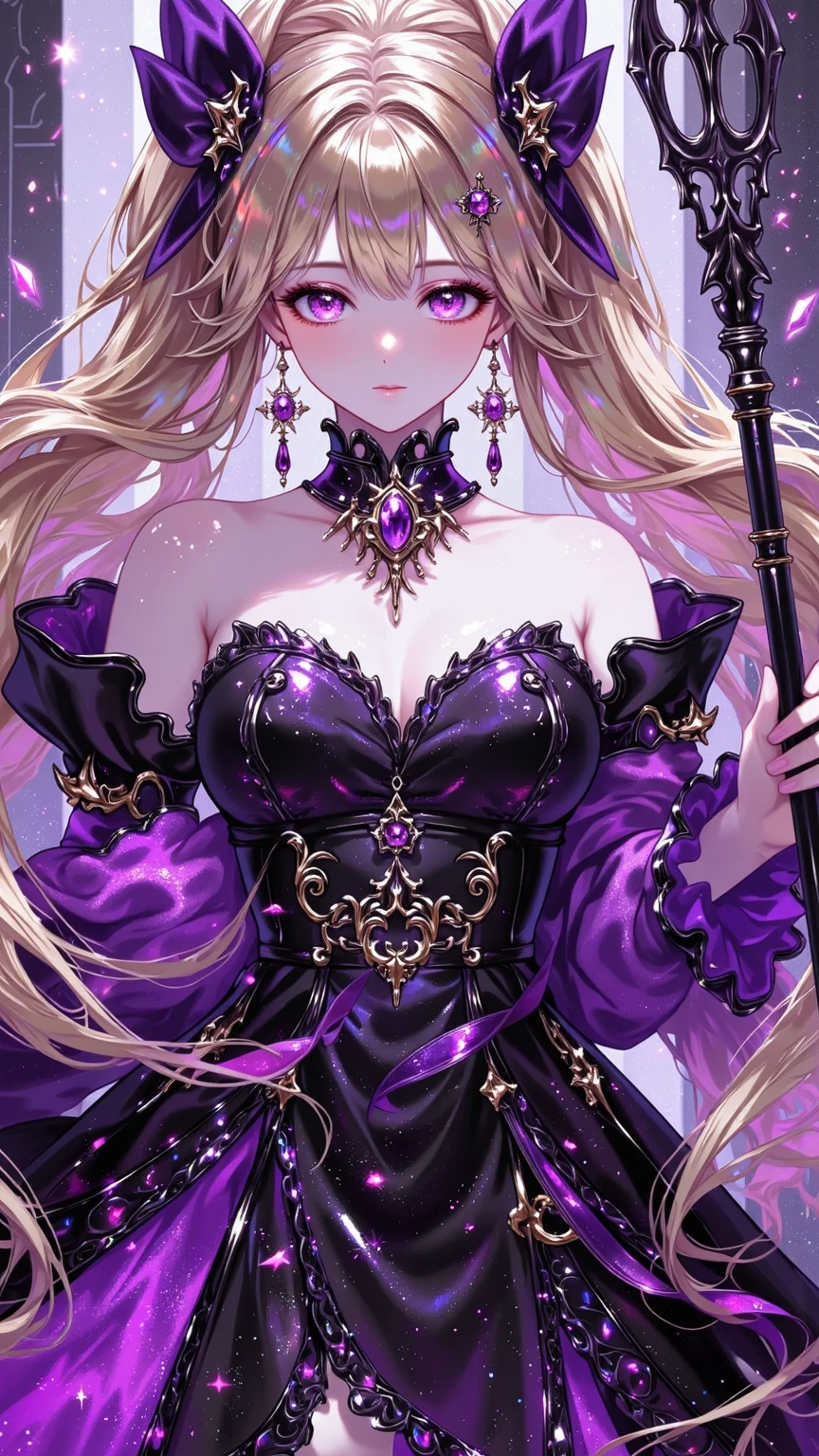 corrupta, ((shoujo-style, floral background, romance manhwa)), 1girl, blonde hair, solo, long hair, flower, dress, tiara, white dress, gloves, long sleeves, thick eyeblows, purple eyes, white gloves, purple bow, purple flower, wavy hair, standing, bow, jewelry, looking at viewer, oiled skin, shiny skin, reflective skin, steaming body, evil smile, collarbone, puffy sleeves, skirt lift, upper body, parted bangs, very long hair, purple dress, frills, bangs, cowboy shot, big breast, cleavage, dark persona, corruption