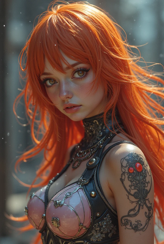 Woman ((beautiful)) ((posing for the viewer)) ((tattooed)) ((curly hair)) ((redhead)) ((Caucasian)) ((blue eyes)) ((in the city)) ((very detailed)) ((well detailed)) (((high resolution)) (((good quality)) ((Full HD)) ((sharp image)) ((details on skin)) ((detailed eye)) ((detailed hair)) (((detailed face))