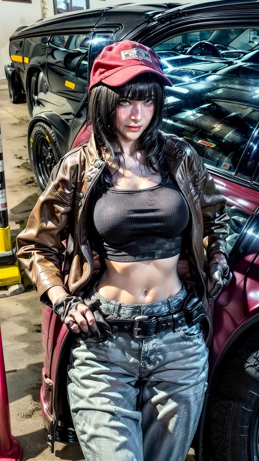 whole body, mechanic in a busy auto workshop (setting: industrial, cluttered). She's in a mechanic's jumpsuit (fabric: durable, oil-stained) with a tool belt, absurdres, RAW photo, extremely delicate and beautiful, masterpiece, Best Quality, ultra high resolution, 32k, hyperrealistic, ultra-detailed, detailed description, pale skin, 20 years old, detailed beautiful face and eyes, tearful mole, earring, Colossal tits, short medium hair, wavy hair, shorts, long sleeve,