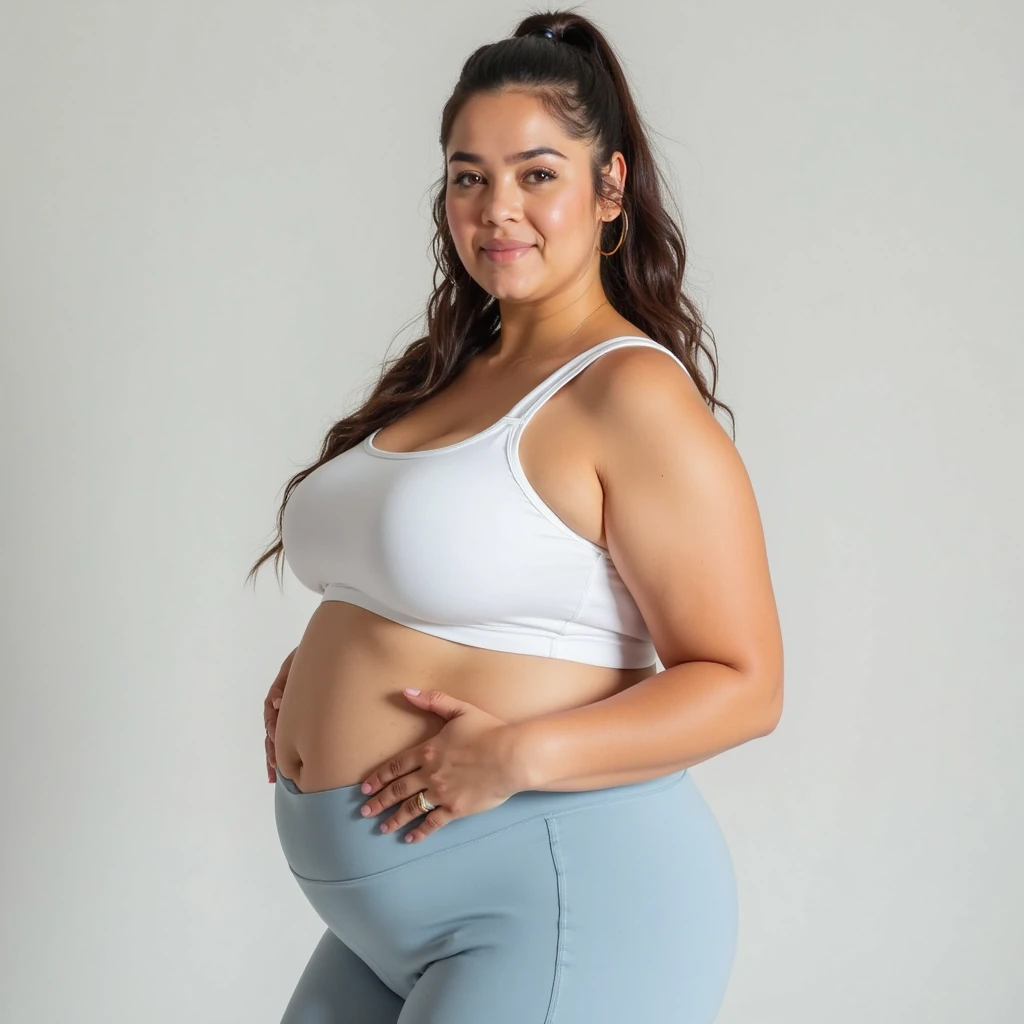 super high quality, ((((Squeeze belly fat with your hands))))、Background Blur, 60 years old, Fat belly,Very full,masterpiece, Highest quality, Very detailed, Realistic, ultra high density skin, Perfect Anatomy, Plump Mature Woman, Wrinkles around the eyes,Sling sports vest,Sports shorts,Chubby