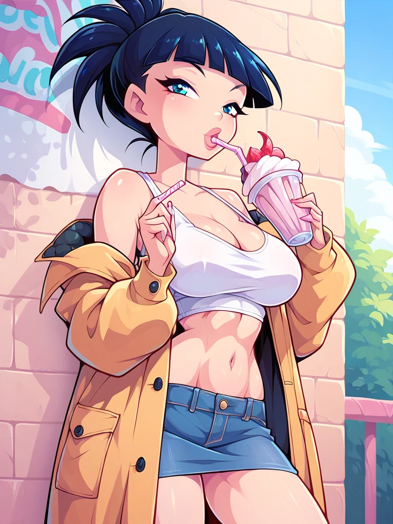 (masterpiece, best quality), 1girl, 18yo, colorful top, pull shirt, small breast, (nip slip, expose nipple), closeup, smile, eating ice cream, walk the city street, blue skies, vibrant colors, bright, white, watercolor