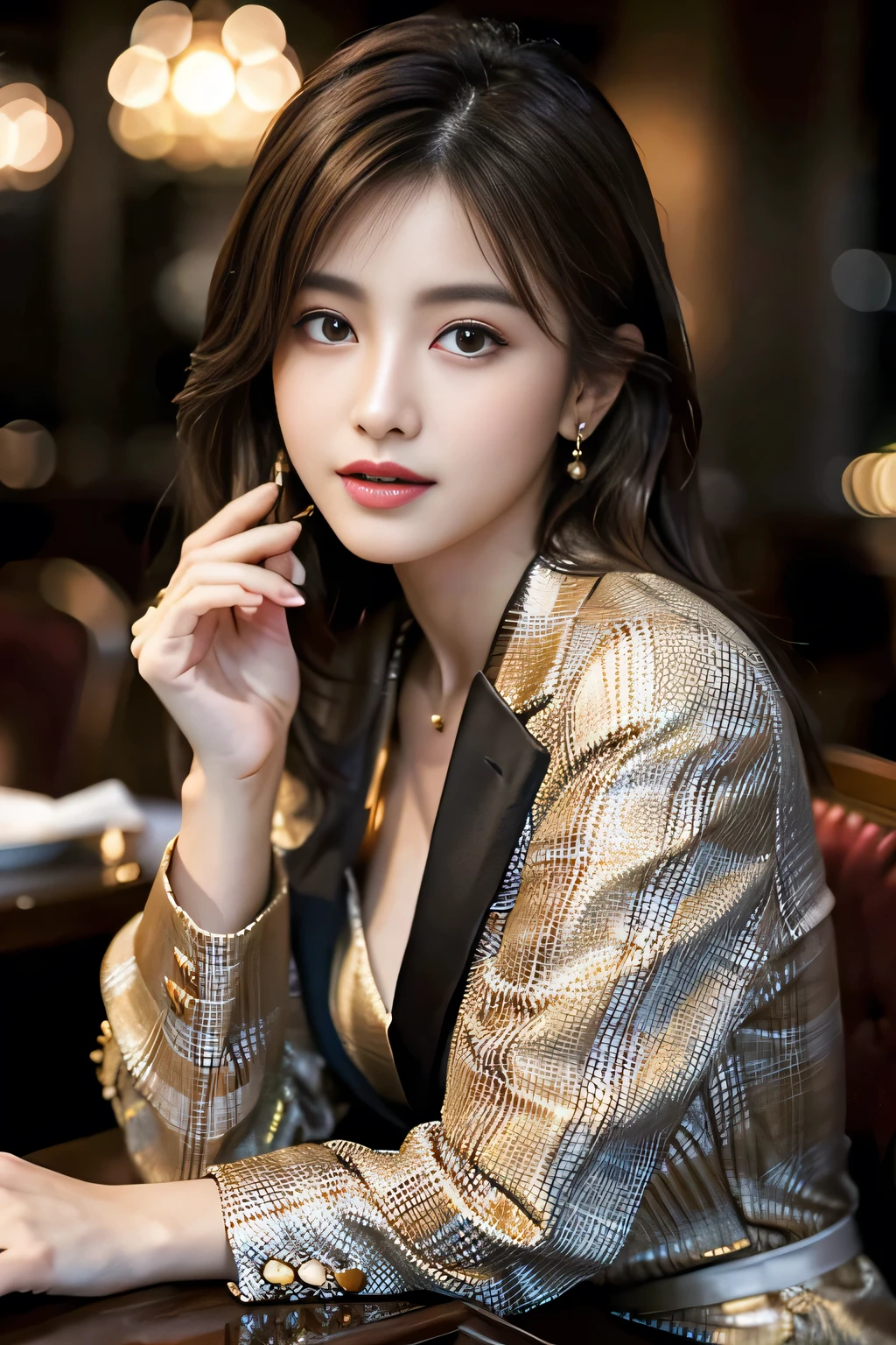 masterpiece, Highest quality, Realistic, Very detailed, Finer details, High resolution, 8k wallpaper, One beautiful woman, Wear a nice suit, In a great restaurant, At night, Light brown messy hair, Perfect dynamic composition, Beautiful and beautiful eyes、Big earrings、Sit on a chair、