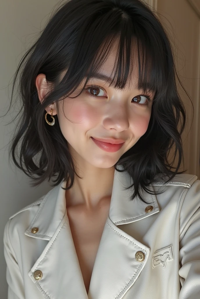 Perfect teeth alignment,I can see the tongue,Rembrandt Lighting, (Photorealistic:1.2), (highest quality), (Detailed skin:1.3), (Intricate details), Ray Tracing,One girl, In detail,real, One Girl, Very beautiful face and eyes,Short Hair, 顔front, (Intricate details), dramatic, Ray Tracing, 顔front, Scattered beneath the surface,(blush:0.5), front, bangs, Hair between the eyes, One girl, Cute Japanese Girl,Detailed skin texture, Bare skin above the collarbone, Shoulder Bare Skin, masterpiece, highest quality, High resolution, View your viewers、Idols,