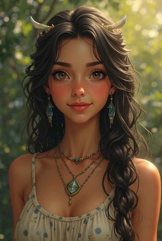 create a fantasy character inspired by jasmine, has a kind, loving character wearing a white closed shirt like a royal princess