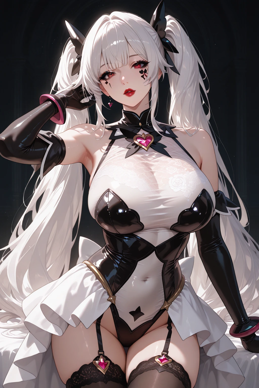 Silver hair, pink eyes, body, cat ears, sexy girl, earrings, flower background fantasy, princess, godly, hair bows, happy face, red uniform