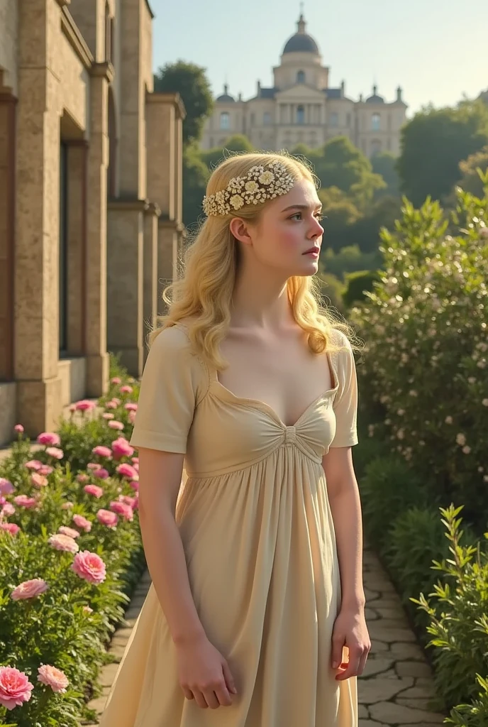 blond woman in pink dress holding a rose in front of a garden, fairy, Melissa Sue Anderson, in style of petra collin), a still of an ethereal, still from a music video, monia merlo, midsommar style,