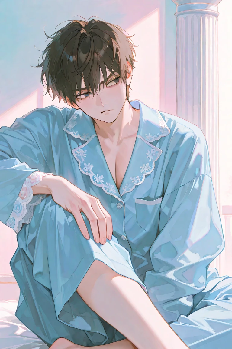 Young and naive man,(Highest quality,Extremely detailed depiction,Incredibly absurd high resolution,Anatomically accurate depiction,Two lovely hands, Five perfect fingers),(Prince in noble nightwear),blush embarrassed,Lying in bed,I'm suffering from a fever,whole body,background:Bedroom at night,Pink Light