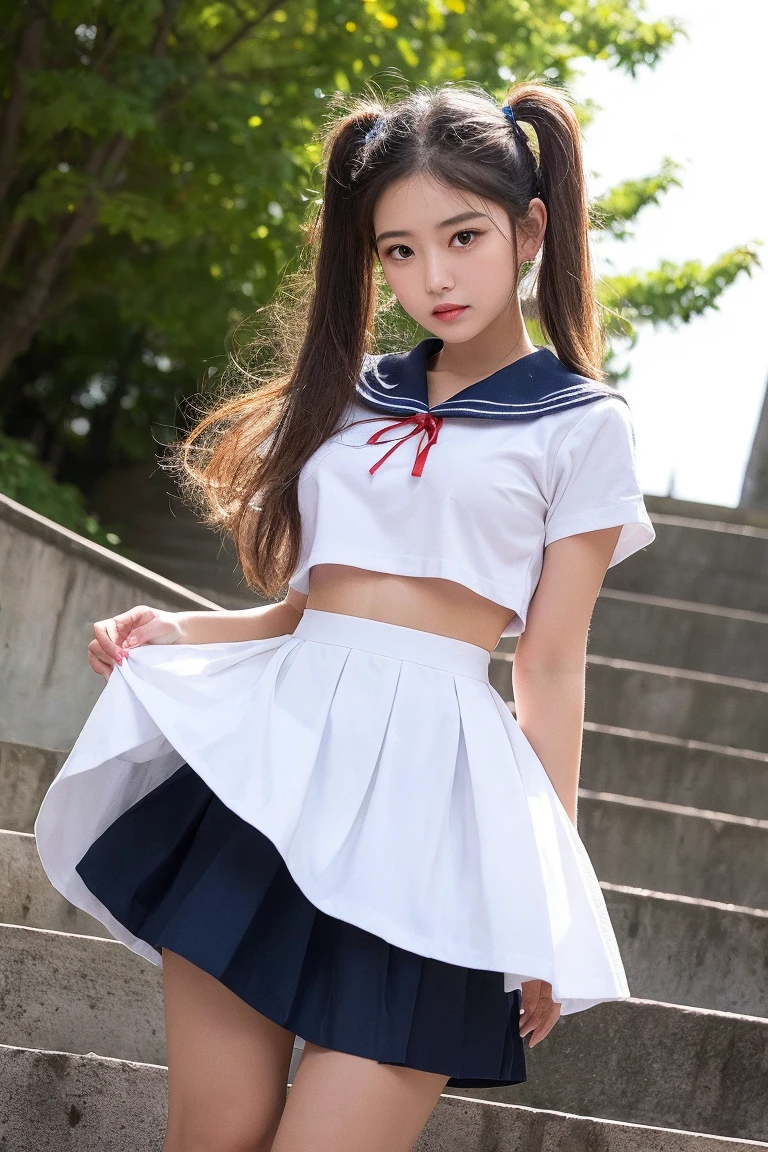 Best quality, high quality, masterpiece, high resolution, detailed, one girl, cute girl, white panties, standing split, sailor suit, blue sailor skirt, white over knee high socks, large breasts, brown hair, long hair, detail, 4k, good pupil, 4k