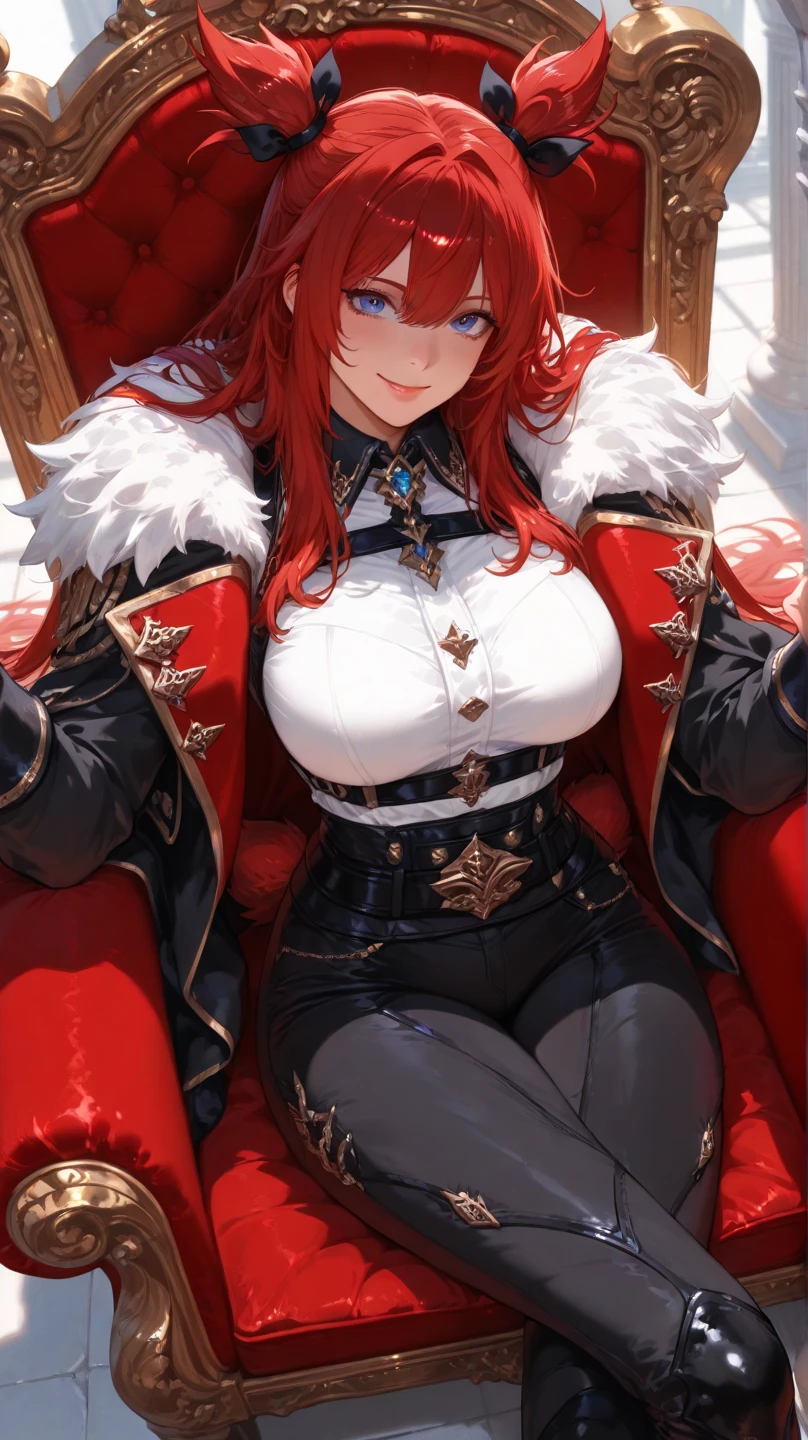 21 years old white girl, short red hair, fur armor, pistol in hand, mid an upper body, looking evil, seated on red armchair, anime style