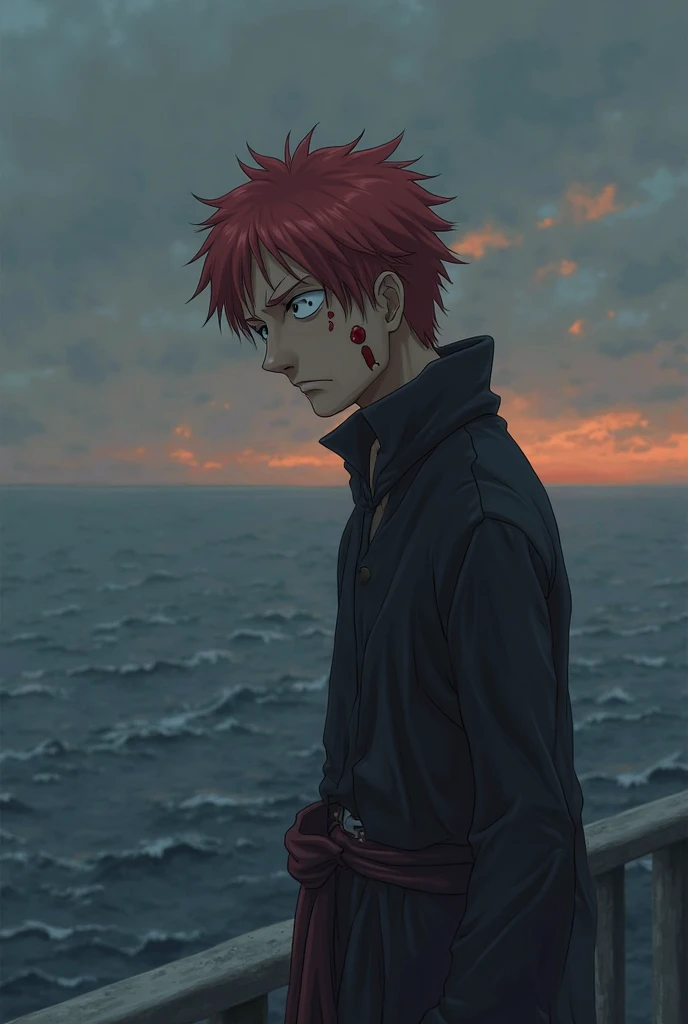 A man with red hair, yellowish brown eyes, with a sad look and tears falling from his eyes.