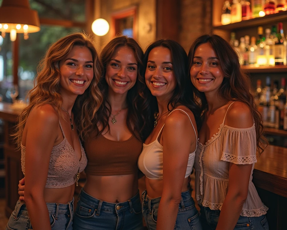 7 girls, partying, Kavos, Corfu, 2 blonde, 5 brunette, sexy summer dresses, beach , beautiful jewelry, happy vibes, evening atmosphere, colorful clothes, perfect bodies, perfect pose, perfect smile, perfect hair, Kavos nightclub background